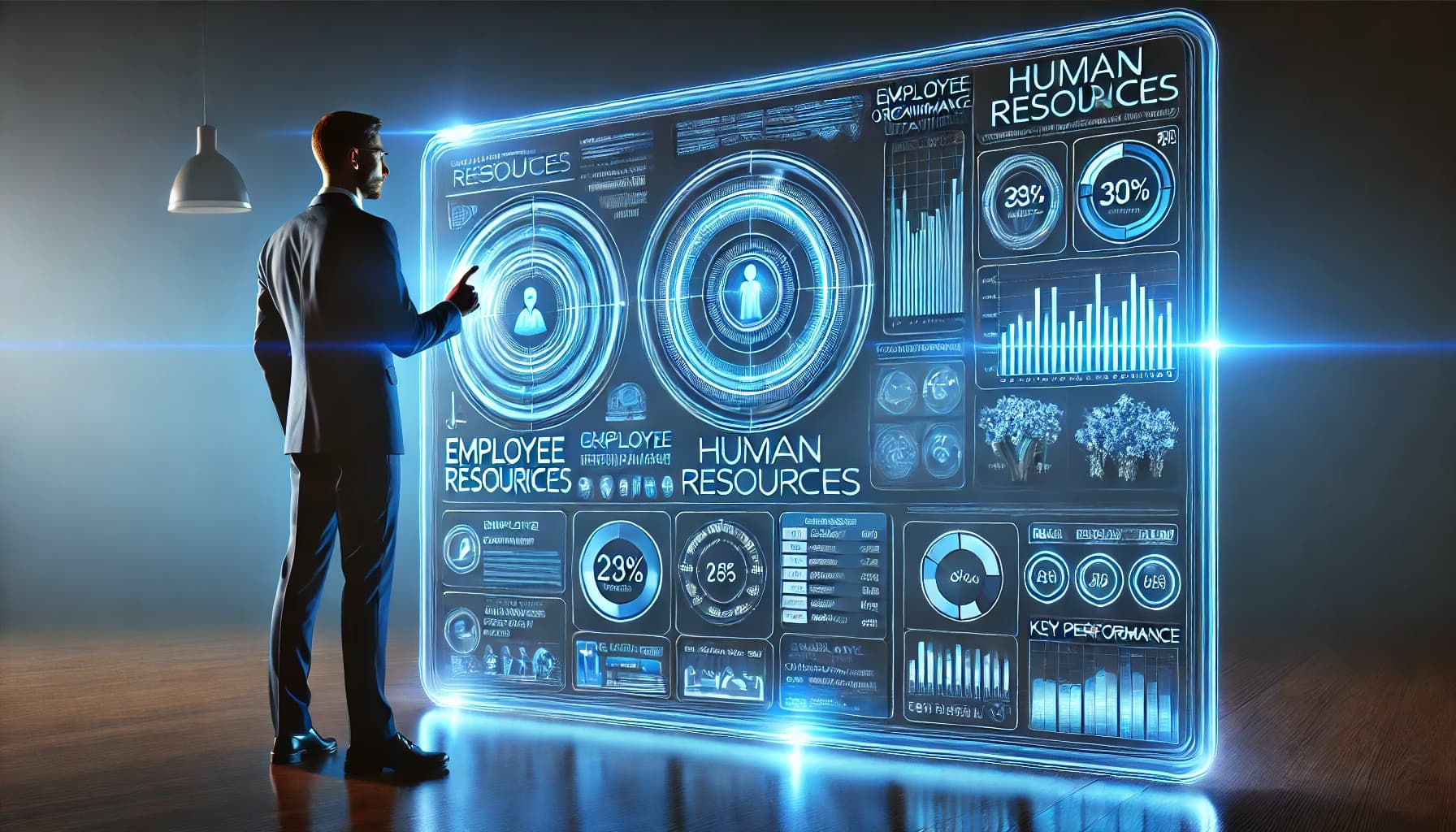 Human resources manager reviewing employee analytics and workforce performance on a digital dashboard