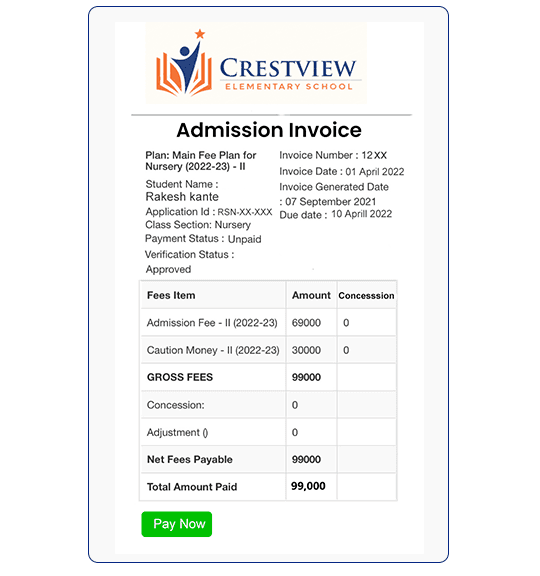 Admission invoice with a Pay Now button for parents