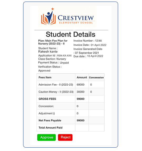 Admission invoice with Approve and Reject buttons for concession approval