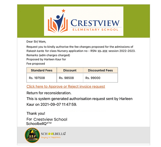Fee discount approval email sent to the principal