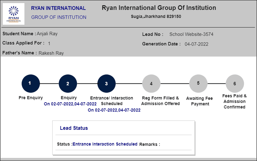 Lead status tracker for an admission applicant across six stages