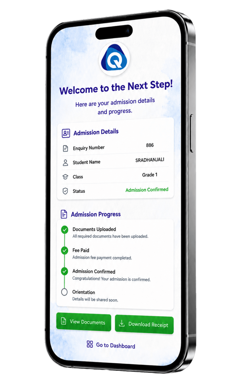 Admissions App screen 1 back screen