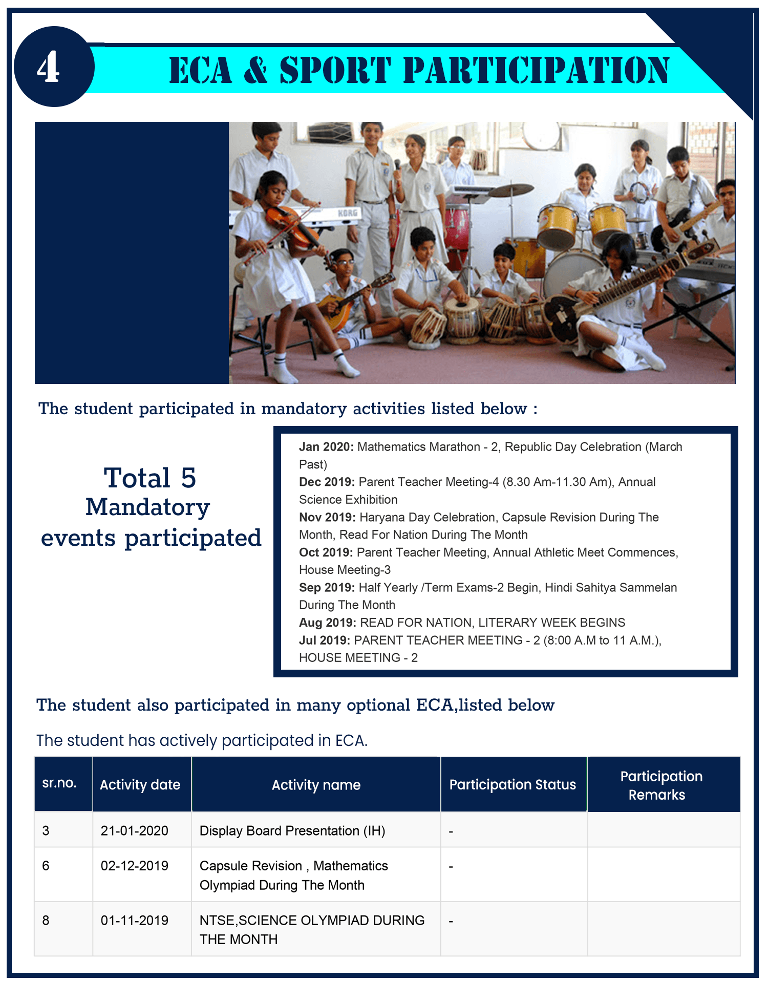 ECA and sport participation page listing a student's activities