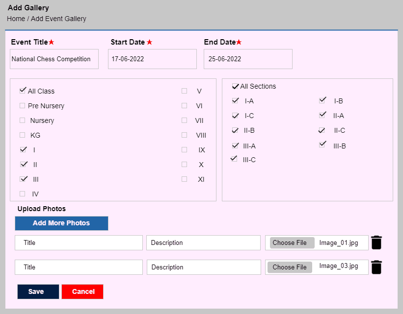 Add Event Gallery form with class, section and photo uploads
