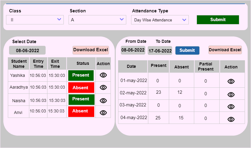 Attendance screen with day-wise student status and date-range summary