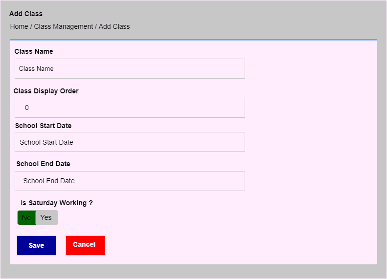 Add Class form with class name, start and end dates