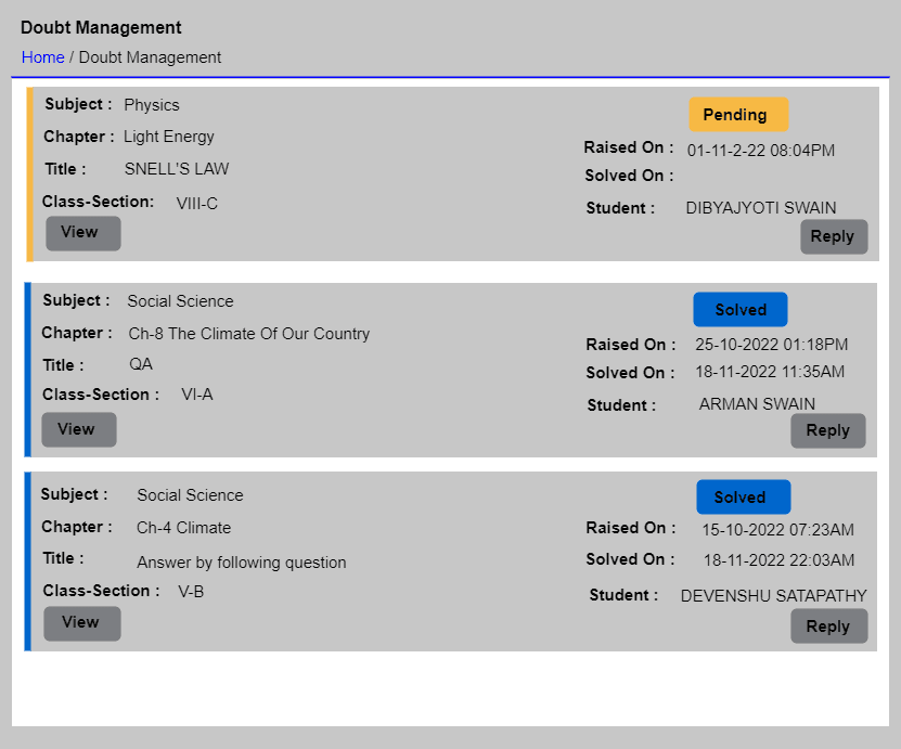 Doubt Management list showing pending and solved student doubts