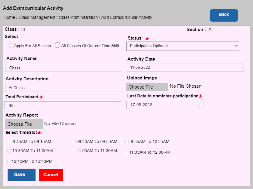 Add Extracurricular Activity form with participants and time slots