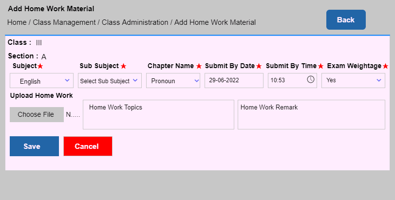 Add Home Work Material form with subject, chapter and due date