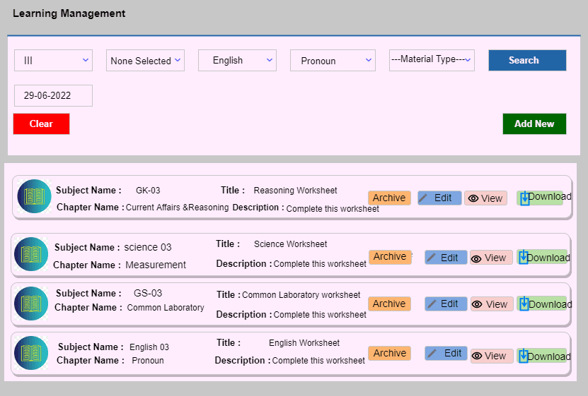 Learning Management list of worksheets by subject and chapter