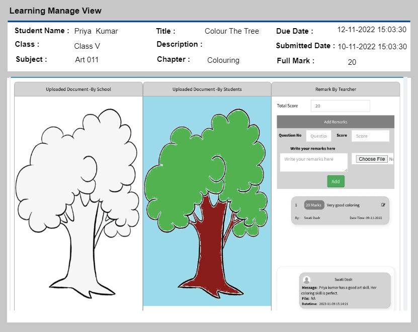 Learning Manage View with a student's coloured worksheet and teacher remarks