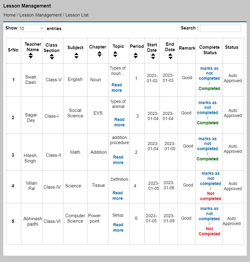 Lesson list table with topics, periods and completion status