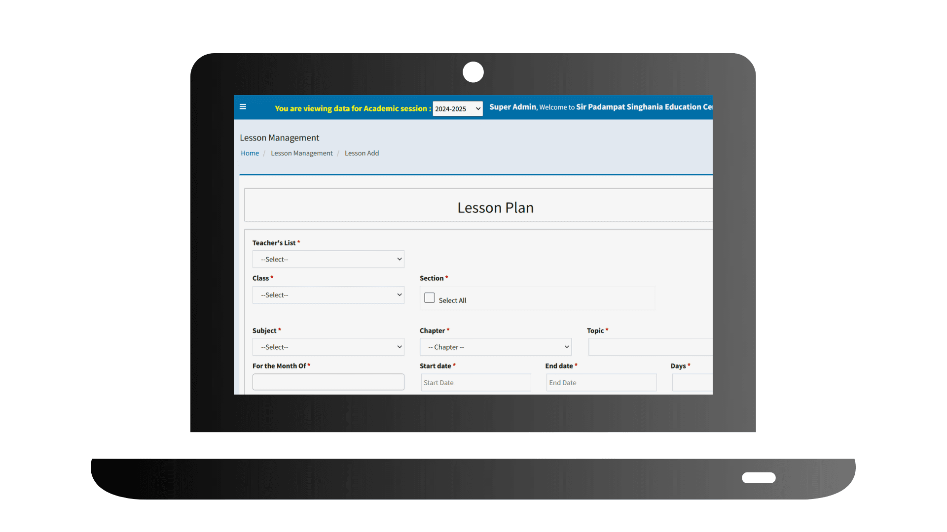 Laptop showing the Lesson Plan form in Lesson Management