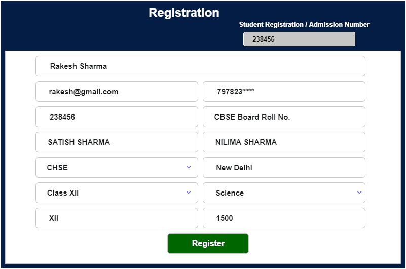 Online test student registration form