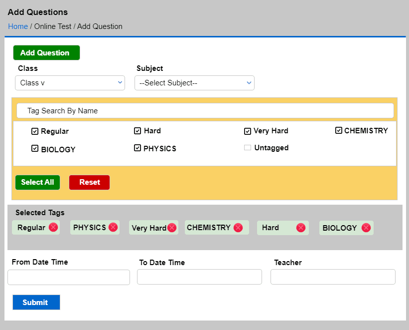 Add Questions screen with class, subject and question tags