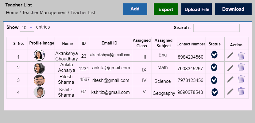 Teacher List table with assigned class, subject and status
