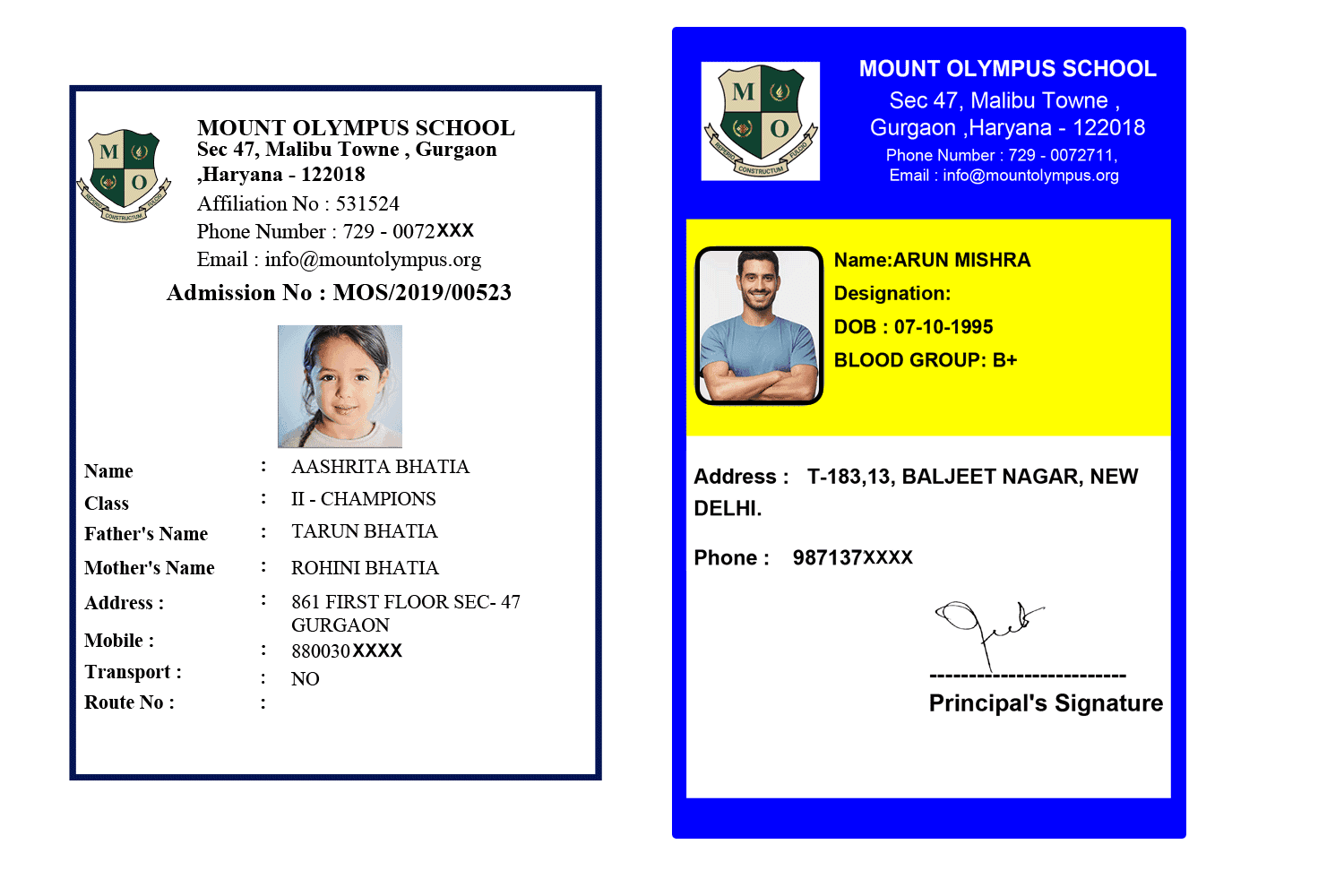 Sample temporary ID cards for a student and a staff member