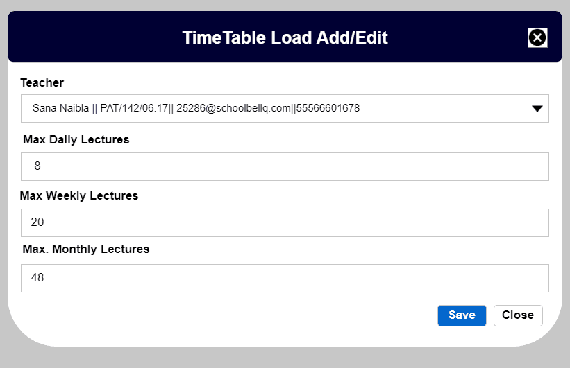 TimeTable Load form setting a teacher's daily, weekly and monthly lectures