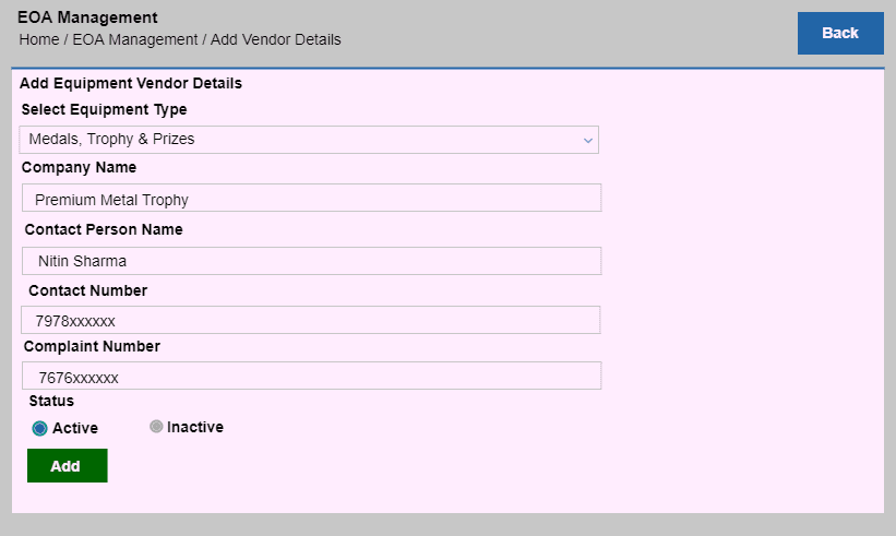 Add Equipment Vendor Details form in EOA Management