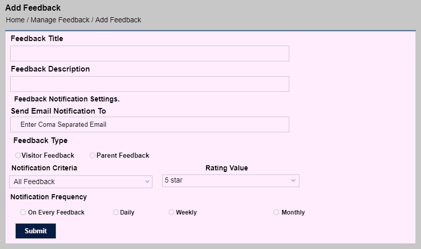 Add Feedback form with type, rating and notification settings