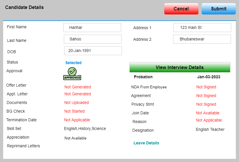 Candidate Details form with approval and onboarding status