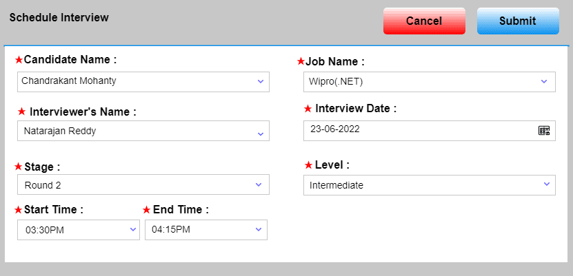 Schedule Interview form with candidate, interviewer and time