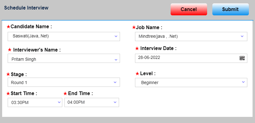 Schedule Interview form for a round 1 interview