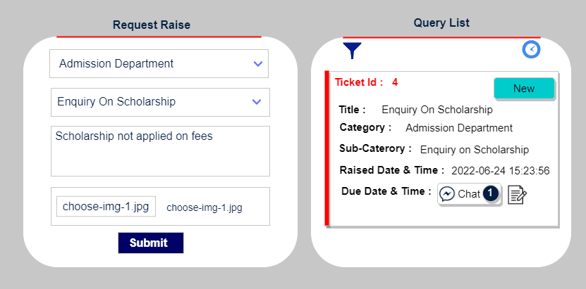 Help desk request form beside a query list ticket