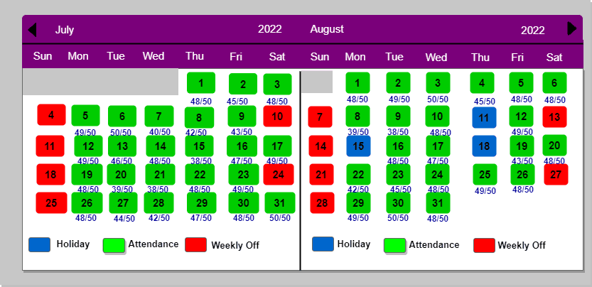Monthly staff attendance calendar for July and August 2022