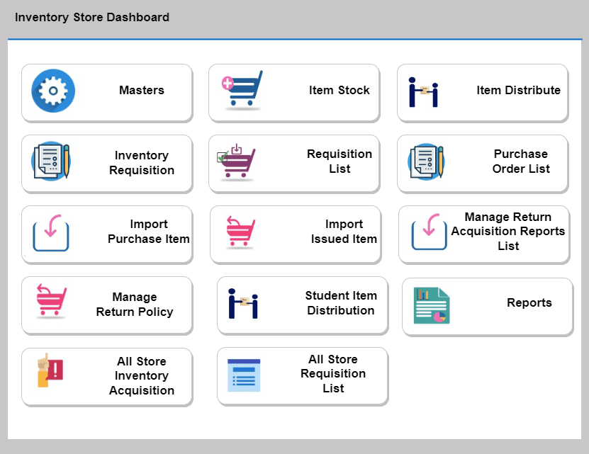 Inventory Store Dashboard with stock, requisition and report tiles