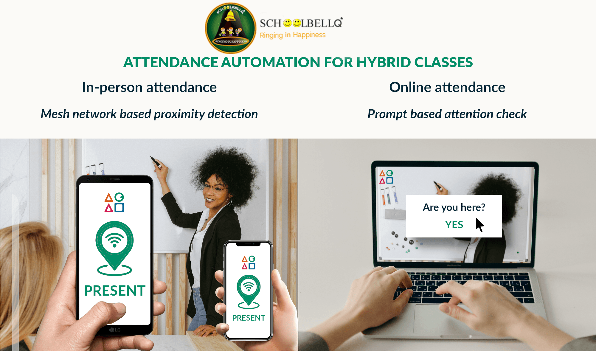 Attendance automation for hybrid classes: in-person phone check-in and online attention prompt