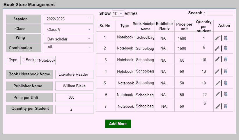Book Store Management screen listing books and notebooks with price and quantity