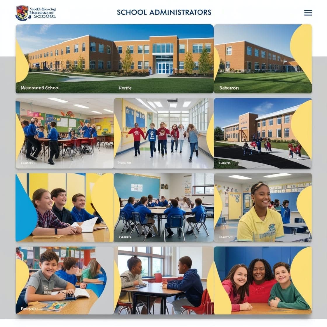 School administrators page with a grid of school building and classroom photos