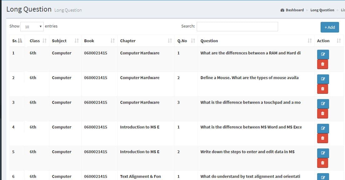 Long Question bank list showing class, subject, chapter and question text