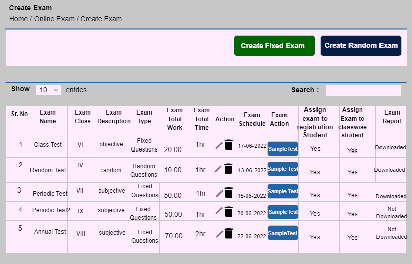 Create Exam list showing fixed and random exams with schedules and reports