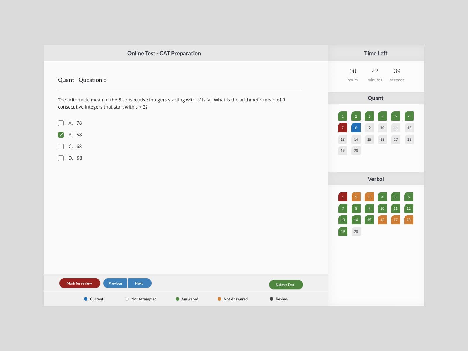 Online test screen with a multiple-choice question, timer and question palette