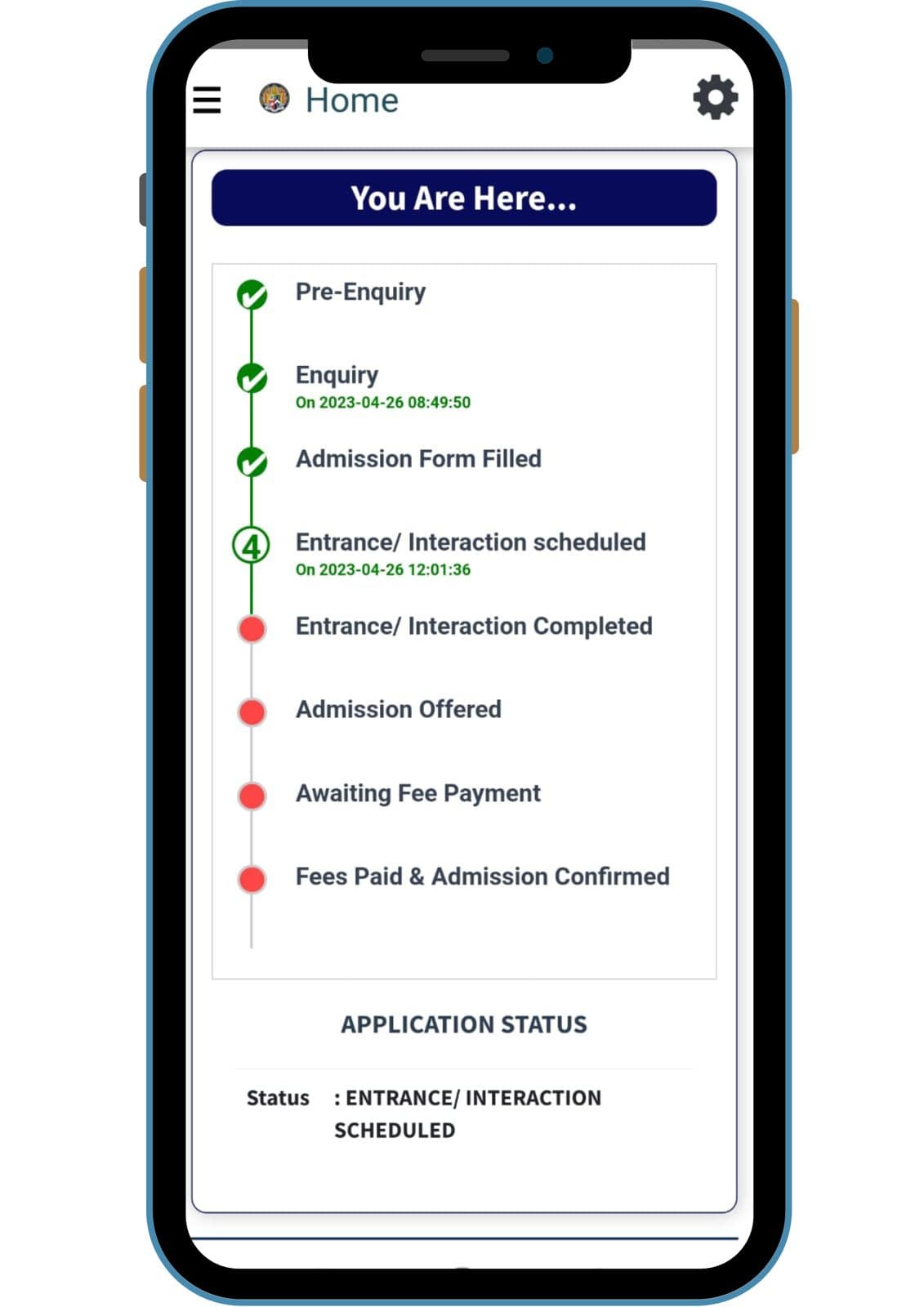 Mobile admission tracker showing enquiry-to-admission status steps
