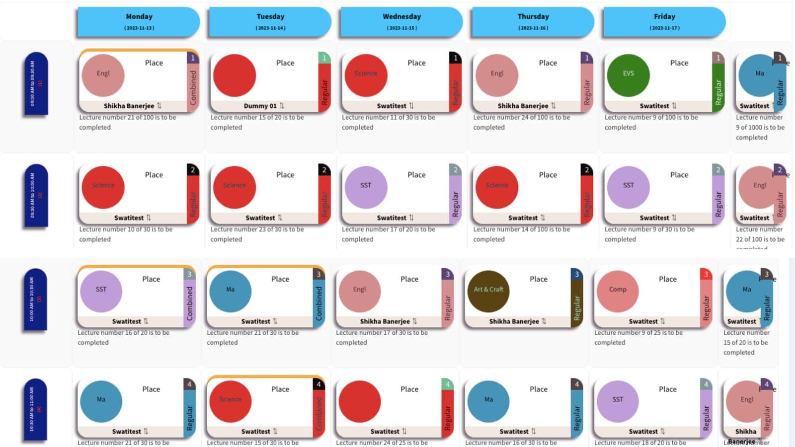 Weekly class timetable with colour-coded subject periods for each teacher