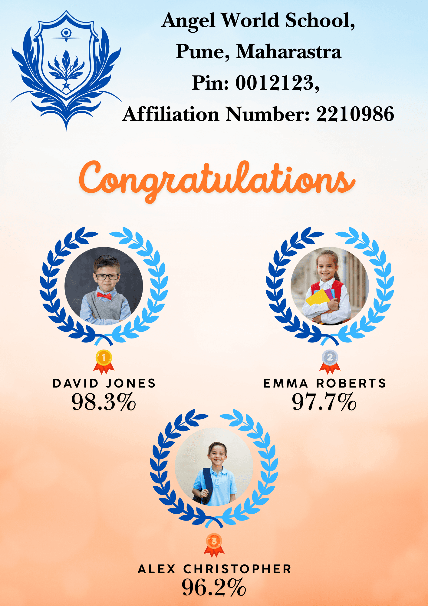 Congratulations poster showing three top-scoring students with their percentages