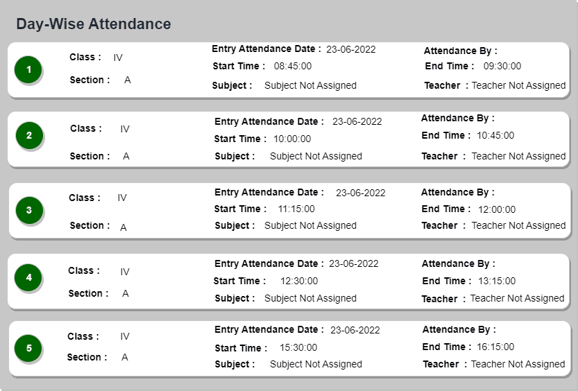 Day-Wise Attendance screen listing class periods with start and end times