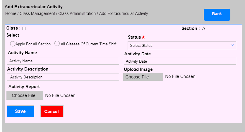 Add Extracurricular Activity form with activity name, date, image and report upload