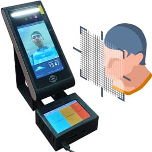 Face recognition attendance terminal showing a student's face and time