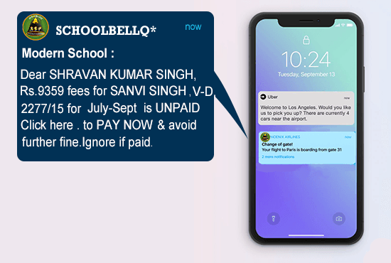 Phone lock screen beside an unpaid fees SMS reminder to a parent