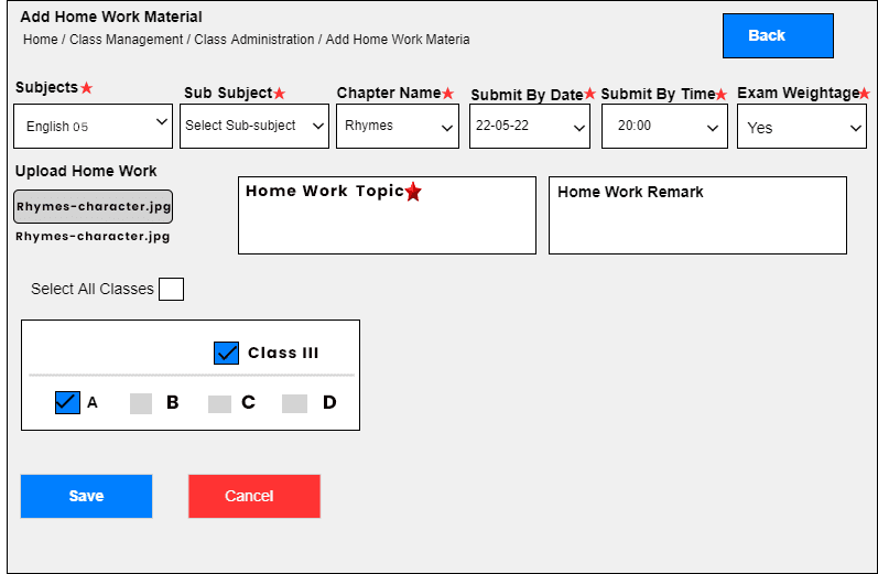 Add Homework Material form with subject, chapter, due date and class selection