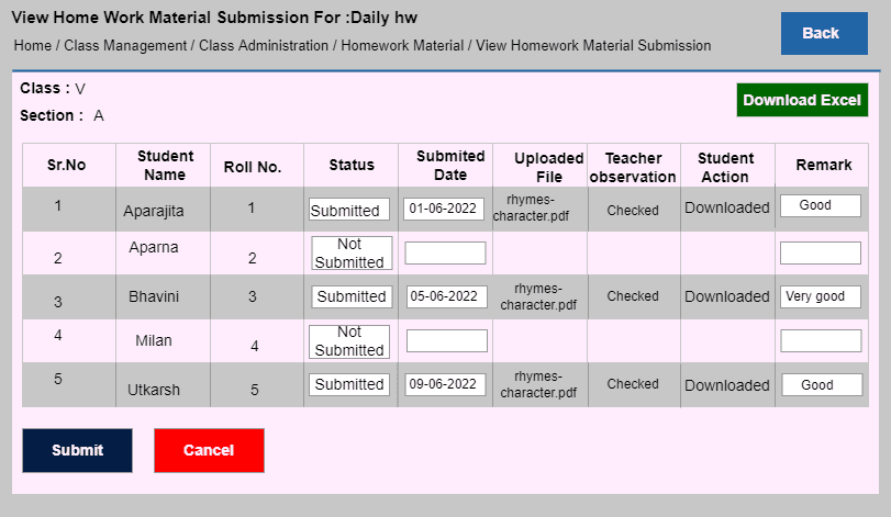 Homework material submission list showing each student's status and teacher remarks