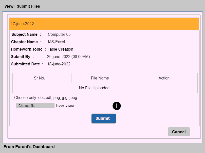 Parent dashboard screen for viewing and submitting homework files
