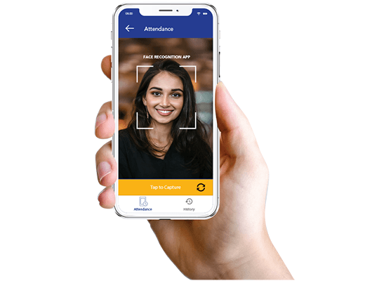Hand holding a phone with a face recognition attendance app