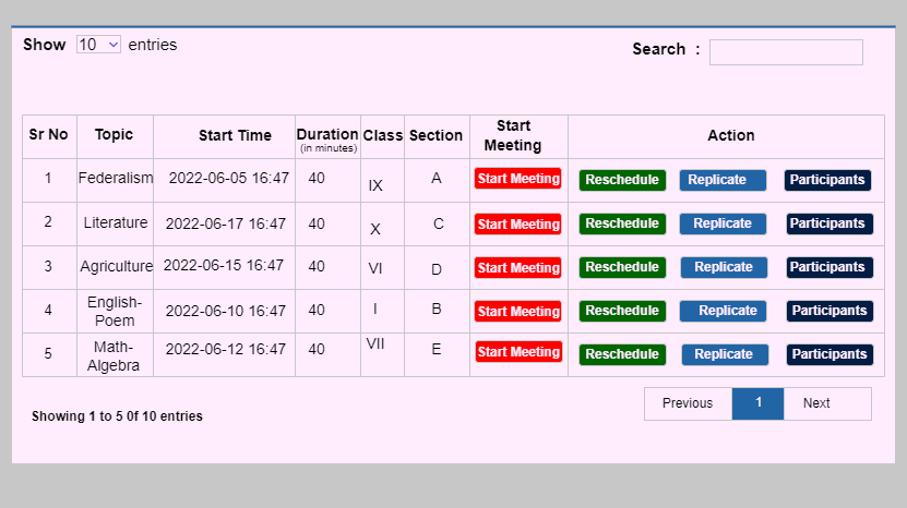 Online class schedule list with Start Meeting, Reschedule and Participants buttons