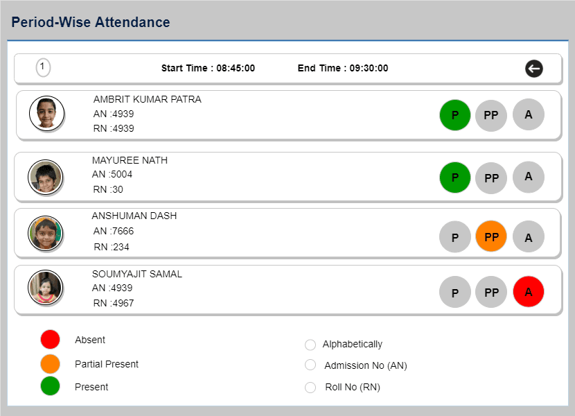Period-Wise Attendance screen marking students present, partially present or absent