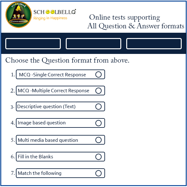 Online test question format options including MCQ, fill in the blanks and matching